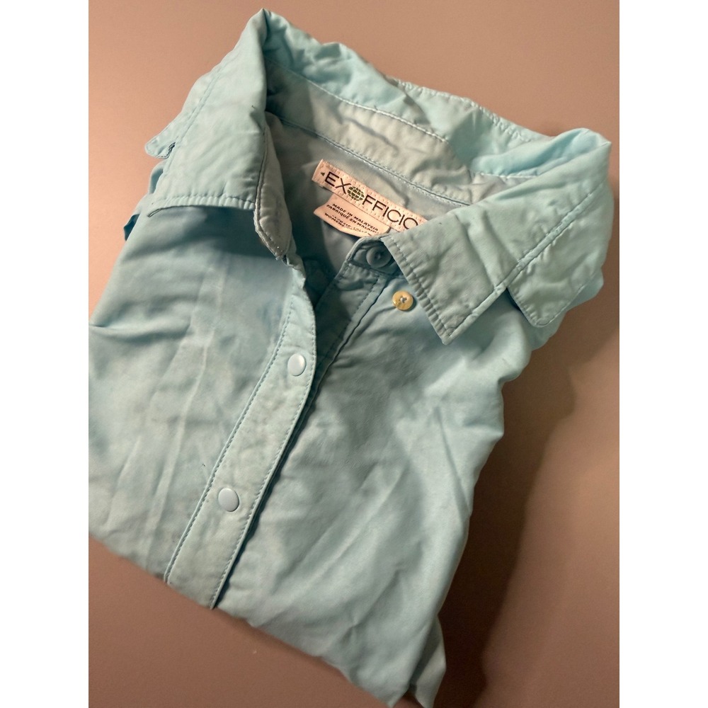 ExOfficio Womens Light Blue Long Sleeve Roll Tab Snap Front Hiking Shirt Large